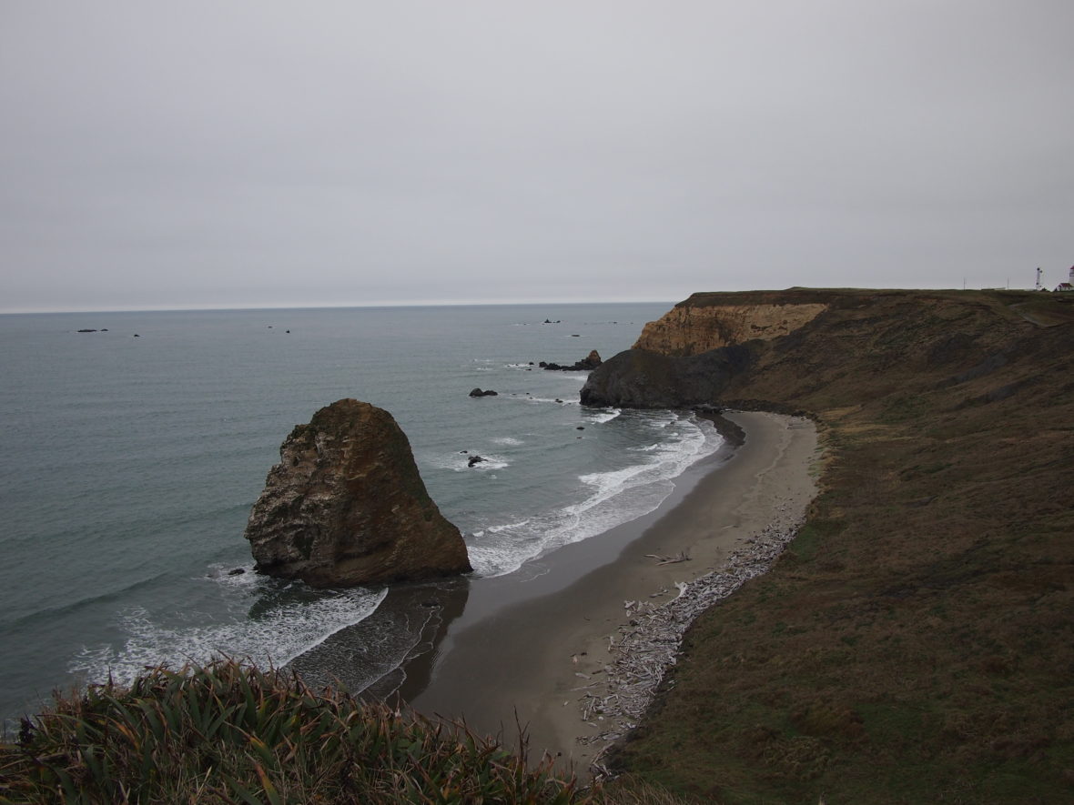 A rocky beach under an overcast gray sky.