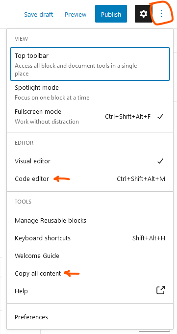 Screenshot of the editor options menu showing the code editor view and copy all content.